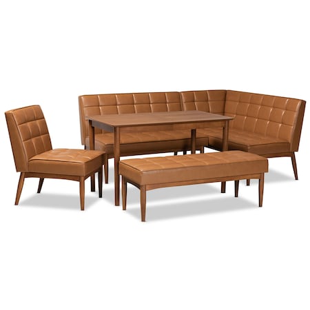 Baxton Studio Sanford Mid-Century Modern Tan Faux Leather and Walnut Brown Finished Wood 5-Piece Dining Nook Set 184-11346-11347-11348-9305-Zoro
